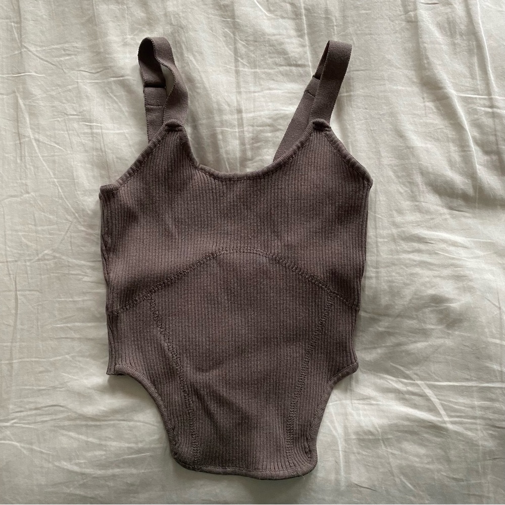 F21 Ribbed Tank Bodysuit Design Dark Brown XS Adjustable Thick Straps Scoop Neck